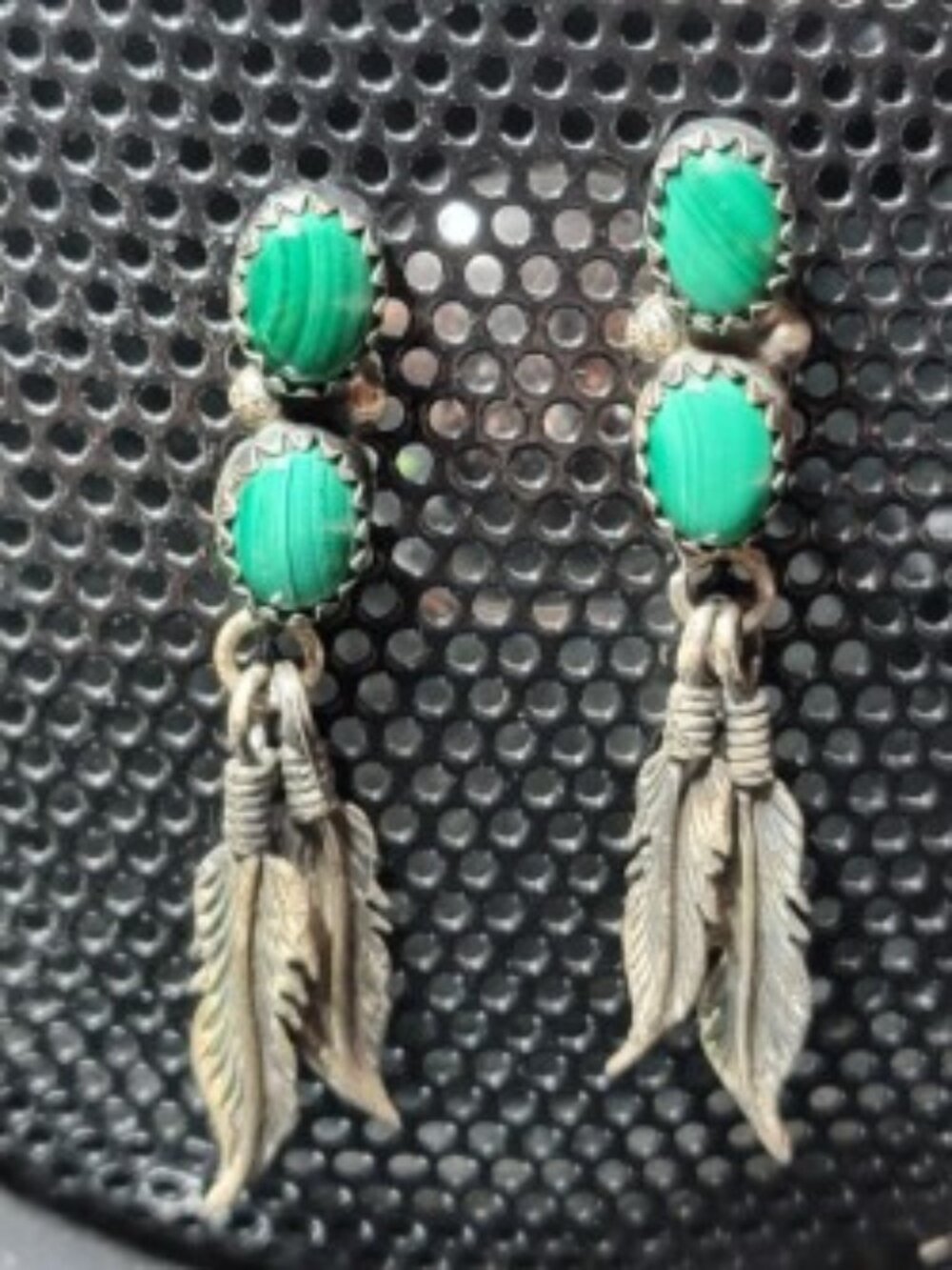 Vintage Sterling Silver 925 Dangle Earrings Green Stone Feather